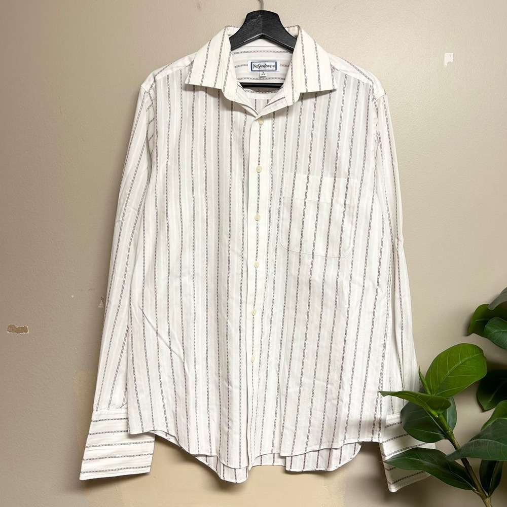 Vintage 90s Yves Saint Laurent Striped Button Up Shirt Mens Large White YSL